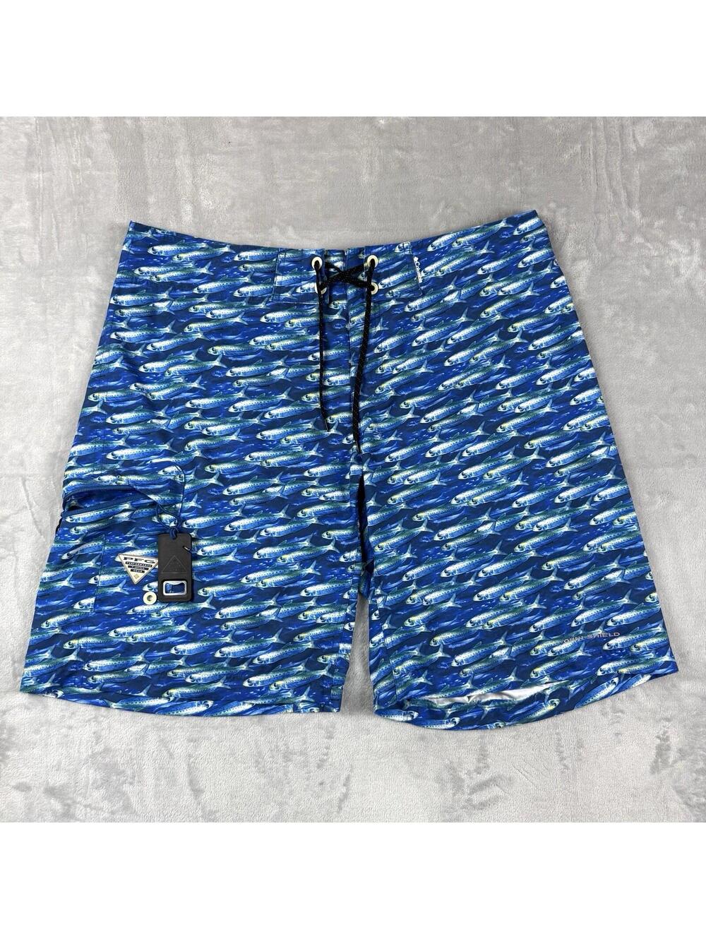 Columbia PFG Fish Print Board Shorts Blue Omni Shield Men 40 With Bottle Opener